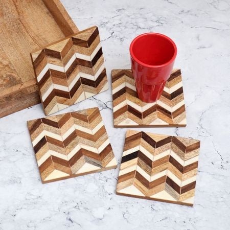 White and Brown Handmade Wooden Coasters - Pack of 4